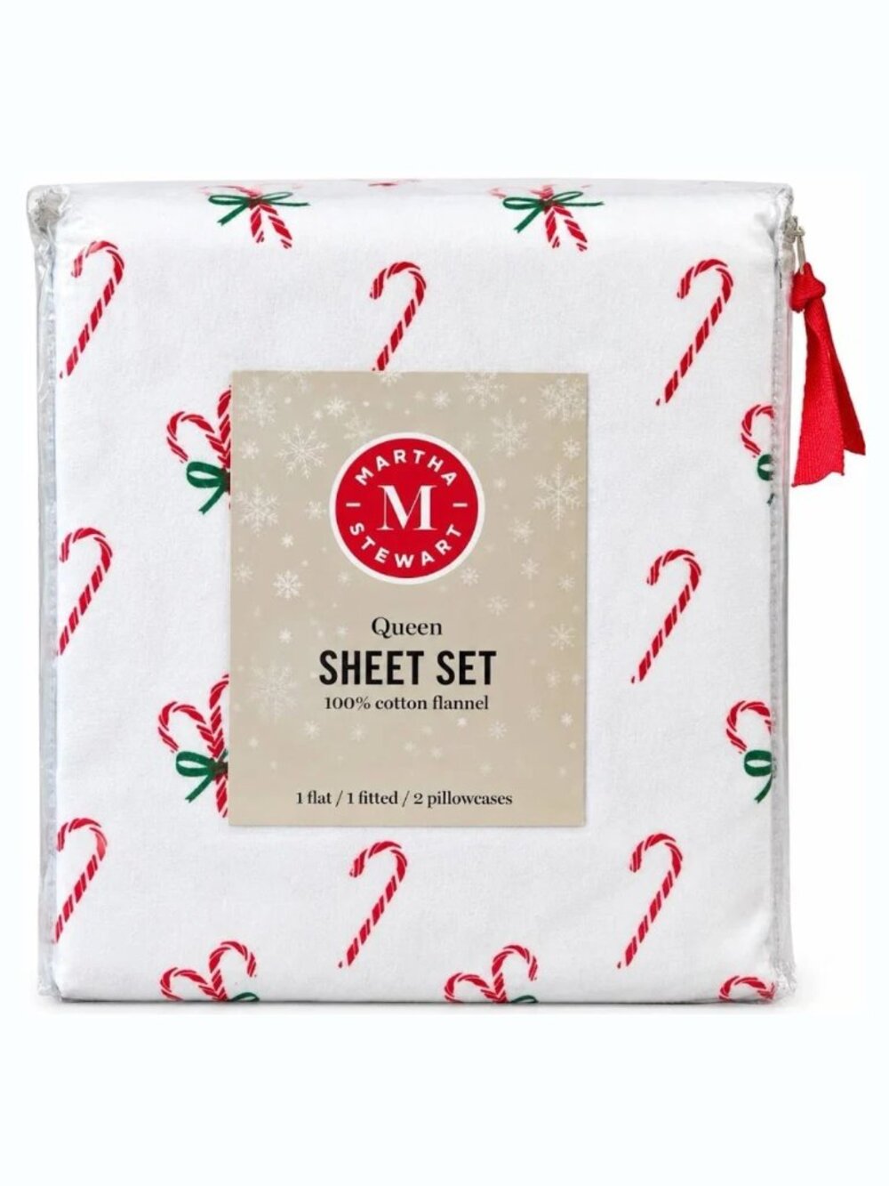 MARTHA STEWART Cotton Flannel Candy Cane Sheet Set QUEEN